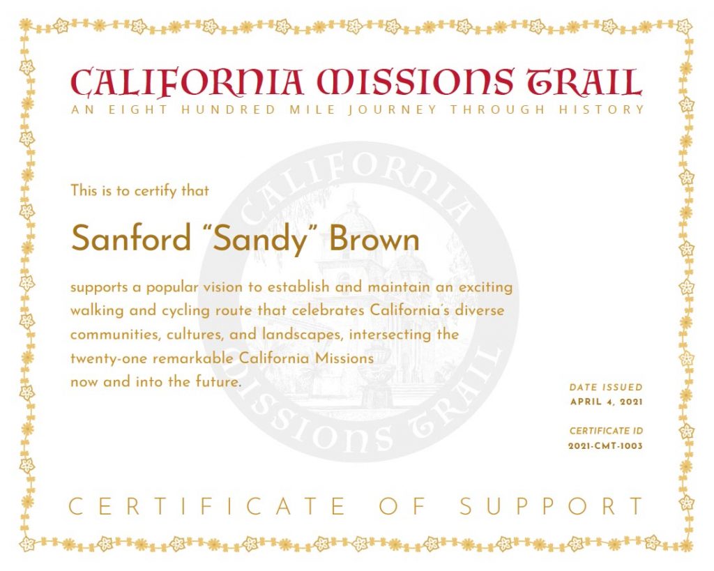 California Missions Trail Certificate of Support